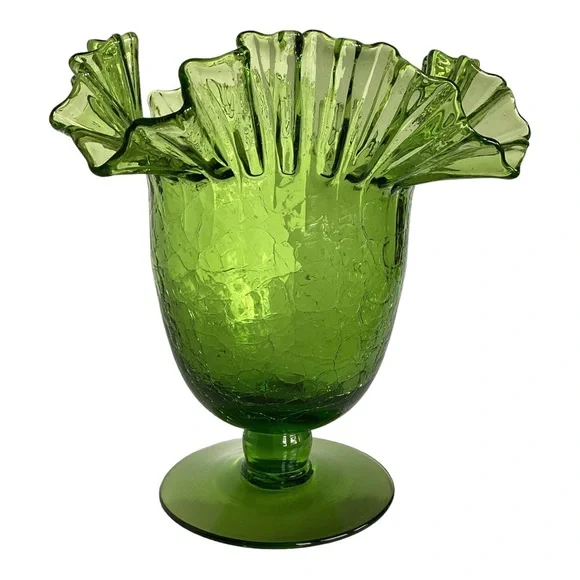 Blenko 388 Green Crackle Art Glass Vase Handcrafted Crimped Ruffled Edge Vintage - Picture 9 of 16